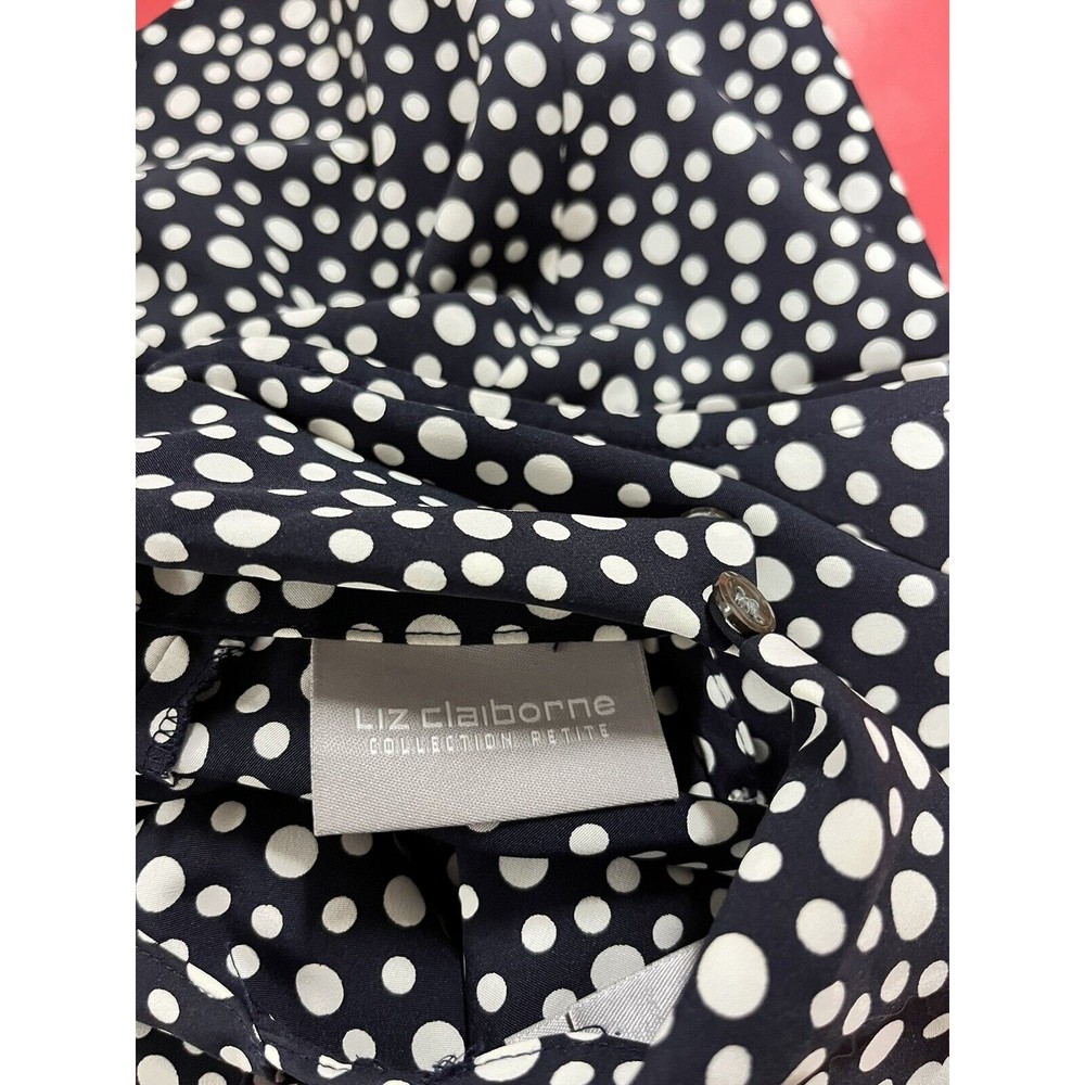 Liz Claiborne Womens Sleeveless Blouse Petite Sz 12 Black White Dotted Tie Neck - Picture 6 of 8